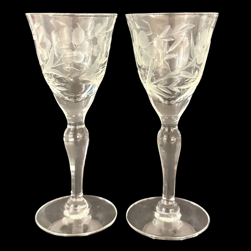 Vintage Etched Floral Cordial Glasses Set of 2 Clear Frosted Stemware 4.5 inch